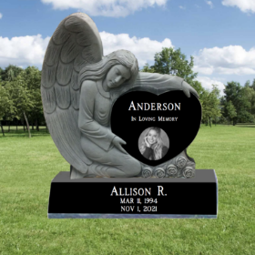 Picture of Limited Time SPECIAL! Single Black Granite Carved Angel Heart Headstones